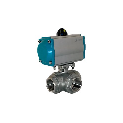 Кран шаровый трёхходовой T-тип, AISI316 DN32 (1_1/4"), с двухсторонним пневмоприводом AT63D