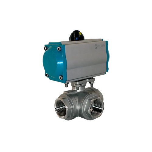 Кран шаровый трёхходовой T-тип, AISI304 DN40 (1_1/2"), с двухсторонним пневмоприводом AT75D